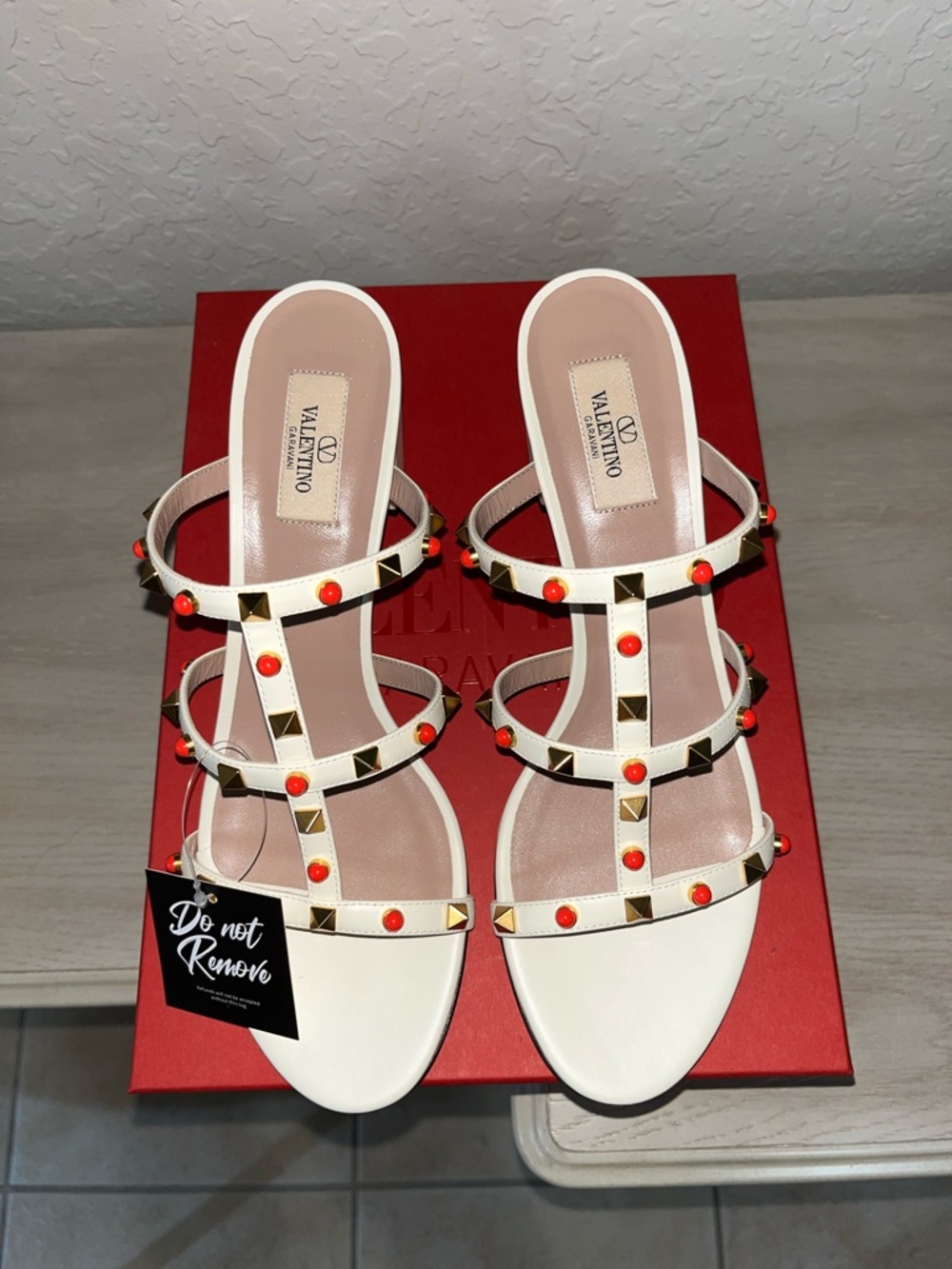Valentino White Leather Rockstud T-Strap Mules with Coral Accents
